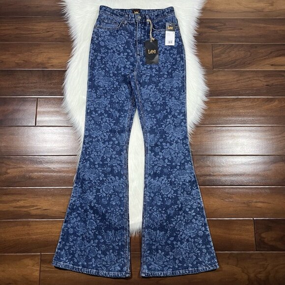 Lee x Free People‎ Women's Size 27 Floral Print High Waisted Flare Denim Jeans - Picture 1 of 9